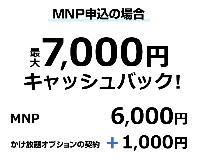 キャッシュバック表　MNP申込の場合最大7,000円キャッシュバック