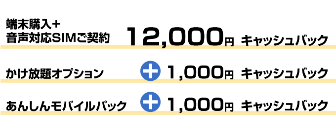 端末購入+音声対応SIMご契約12,000円キャッシュバック かけ放題オプション+1,000円キャッシュバック あんしんモバイルパック+1,000円キャッシュバック