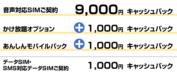 音声対応SIMご契約9,000円キャッシュバック かけ放題オプション+1,000円キャッシュバック あんしんモバイルパック+1,000円キャッシュバック / データSIM・SMS対応データSIMご契約1,000円キャッシュバック"