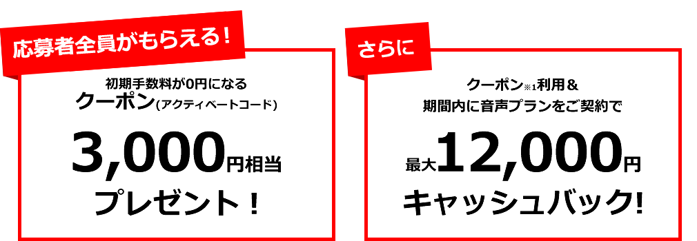 応募者全員がもらえる!初期手数料が0円になるクーポン(アクティベートコード)3,000円相当プレゼント & クーポン利用&期間内に音声プランをご契約で最大12,000円キャッシュバック!