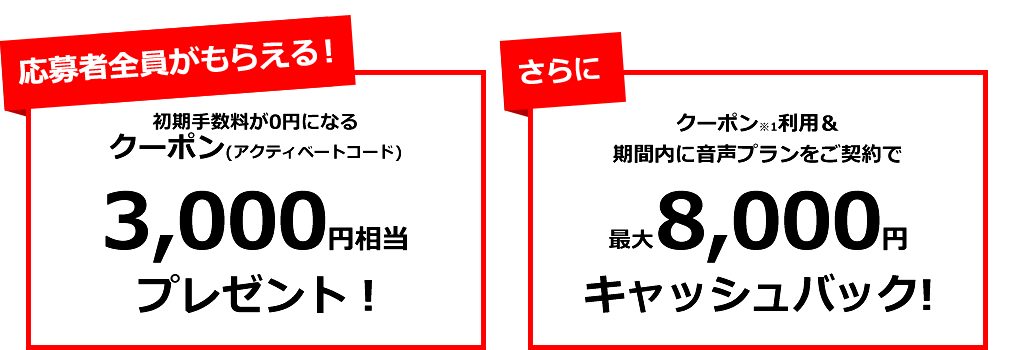 応募者全員がもらえる!初期手数料が0円になるクーポン(アクティベートコード)3,000円相当プレゼント & クーポン利用&期間内に音声プランをご契約で最大8,000円キャッシュバック!